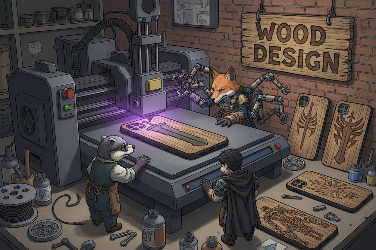 TEKRAR YAP VE ARKA TARAFTAKİ TABELADA "WOOD DESİGN" YAZSIN VE AHŞAP DESENLERİ BERSERK TEMALI OLSUN